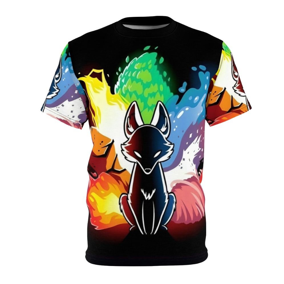 Colorful t-shirt design featuring a rainbow kitsune, a mythical fox spirit from Japanese folklore