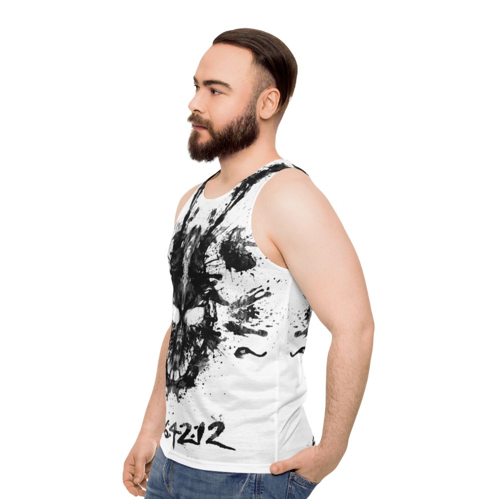 Donnie Darko inspired unisex tank top with Rorschach inkblot and Frank the Bunny - men side