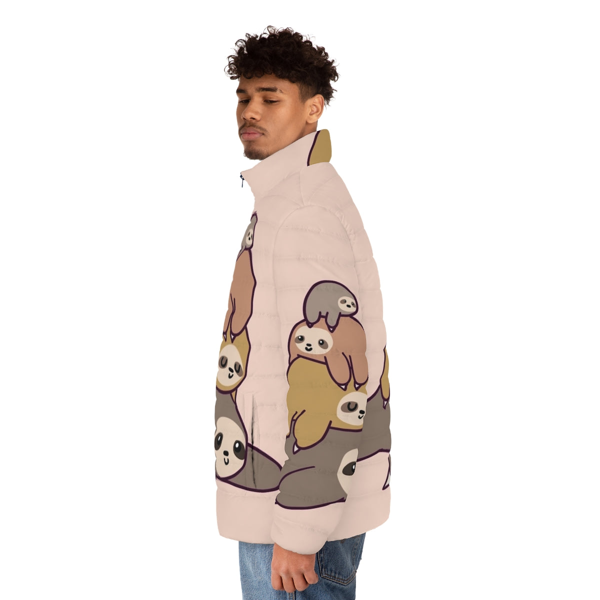 Sloth Stack Puffer Jacket featuring a cute, kawaii design of a pile of cartoon sloths - men side left