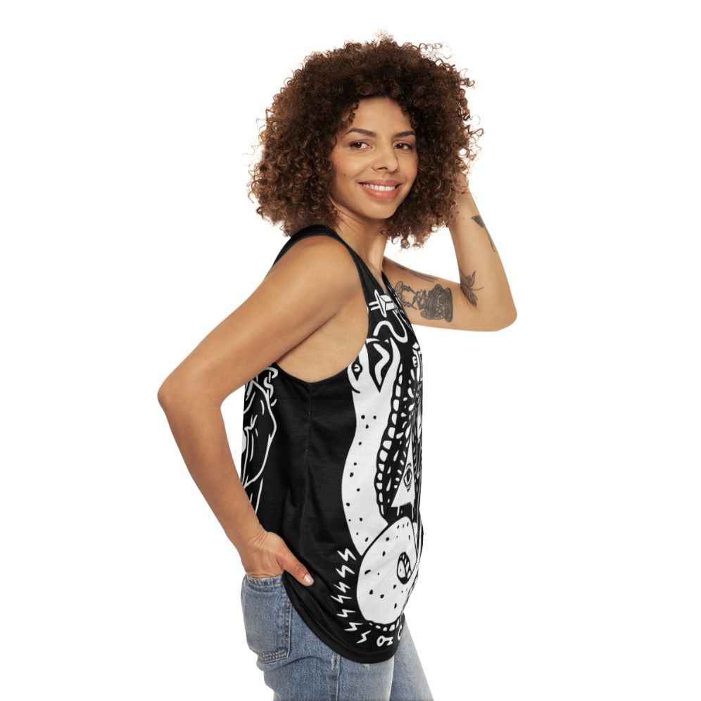 Occult unisex tank top with mystical cult design - women side