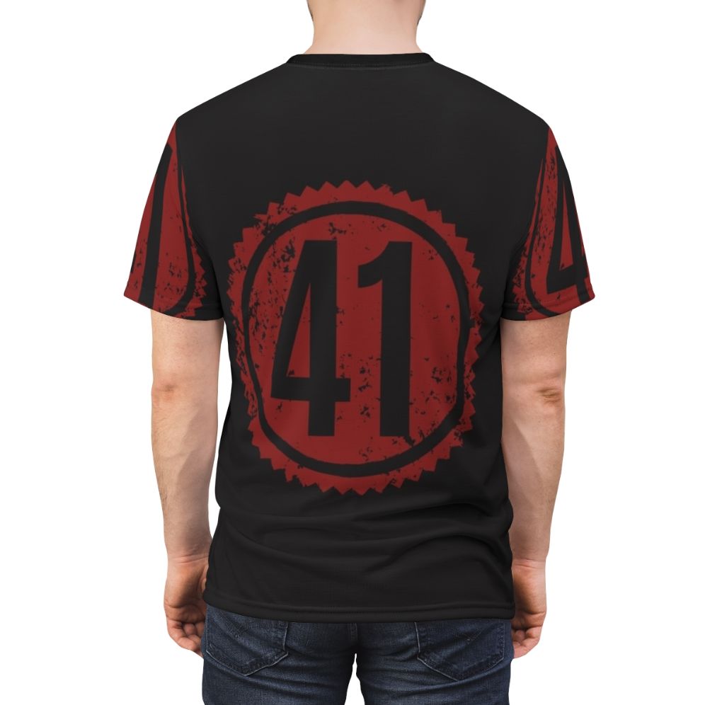 Distressed red t-shirt featuring a Dave Matthews Band inspired design - men back