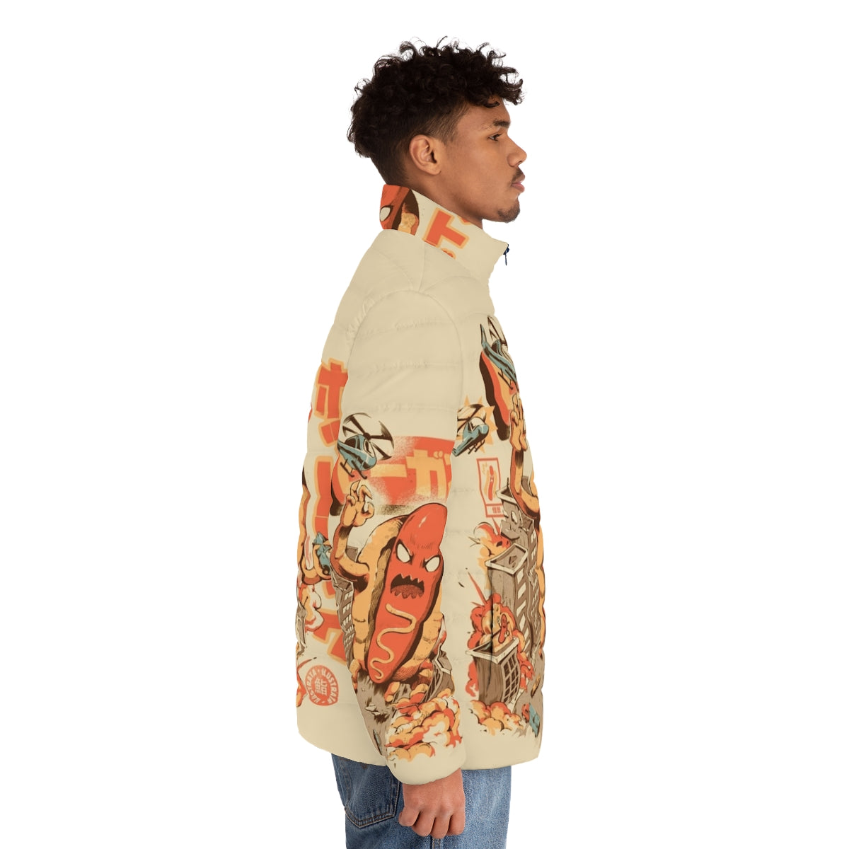 Hot dog puffer jacket with Japanese-inspired retro anime design - men side right