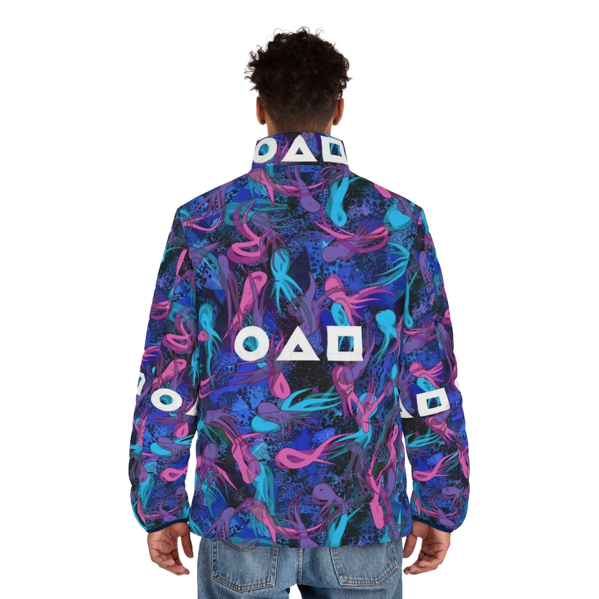 Squid Game Survival Pattern Puffer Jacket with Unique Graphic Design - men back