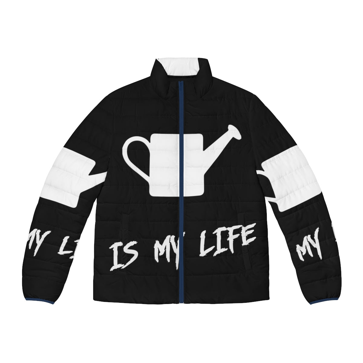 Puffer jacket with "Gardening Is My Life" text, perfect for outdoor gardening activities.