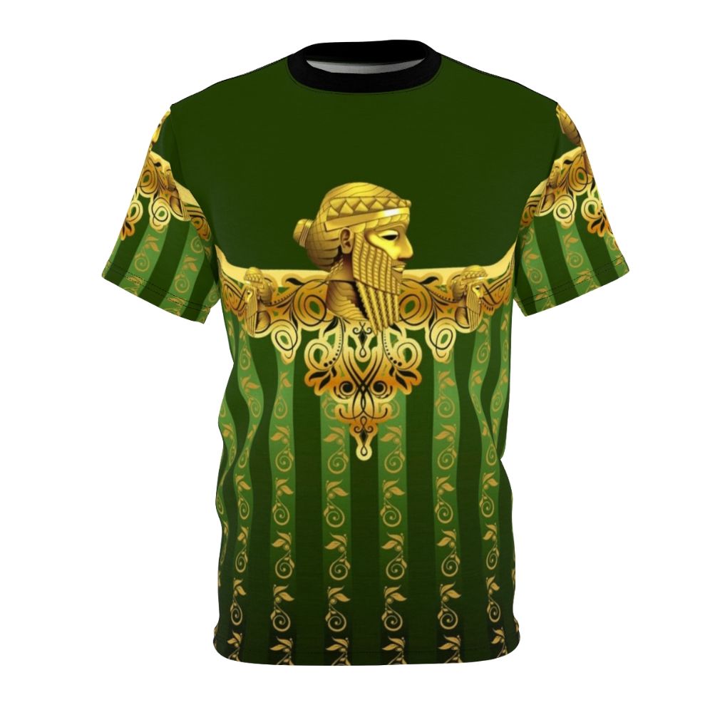 T-shirt design featuring an illustration of Assyrian King Sargon II, a prominent ruler of the Neo-Assyrian Empire.