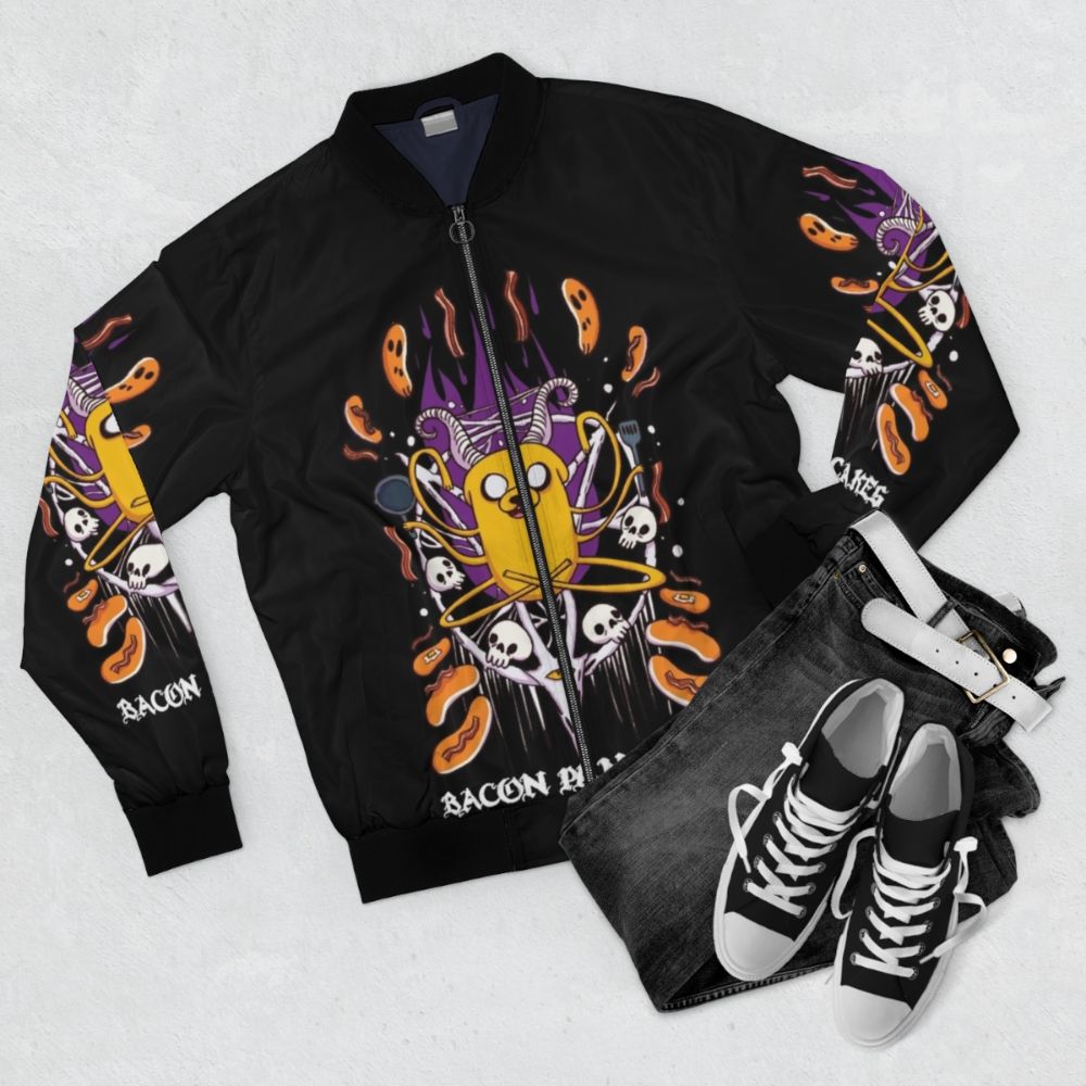 Bacon Pancakes Adventure Time Satanic Metal Bomber Jacket - Flat lay