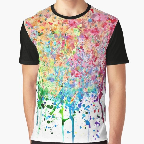 Colorful rainbow paint splatter and drip graphic design on a t-shirt