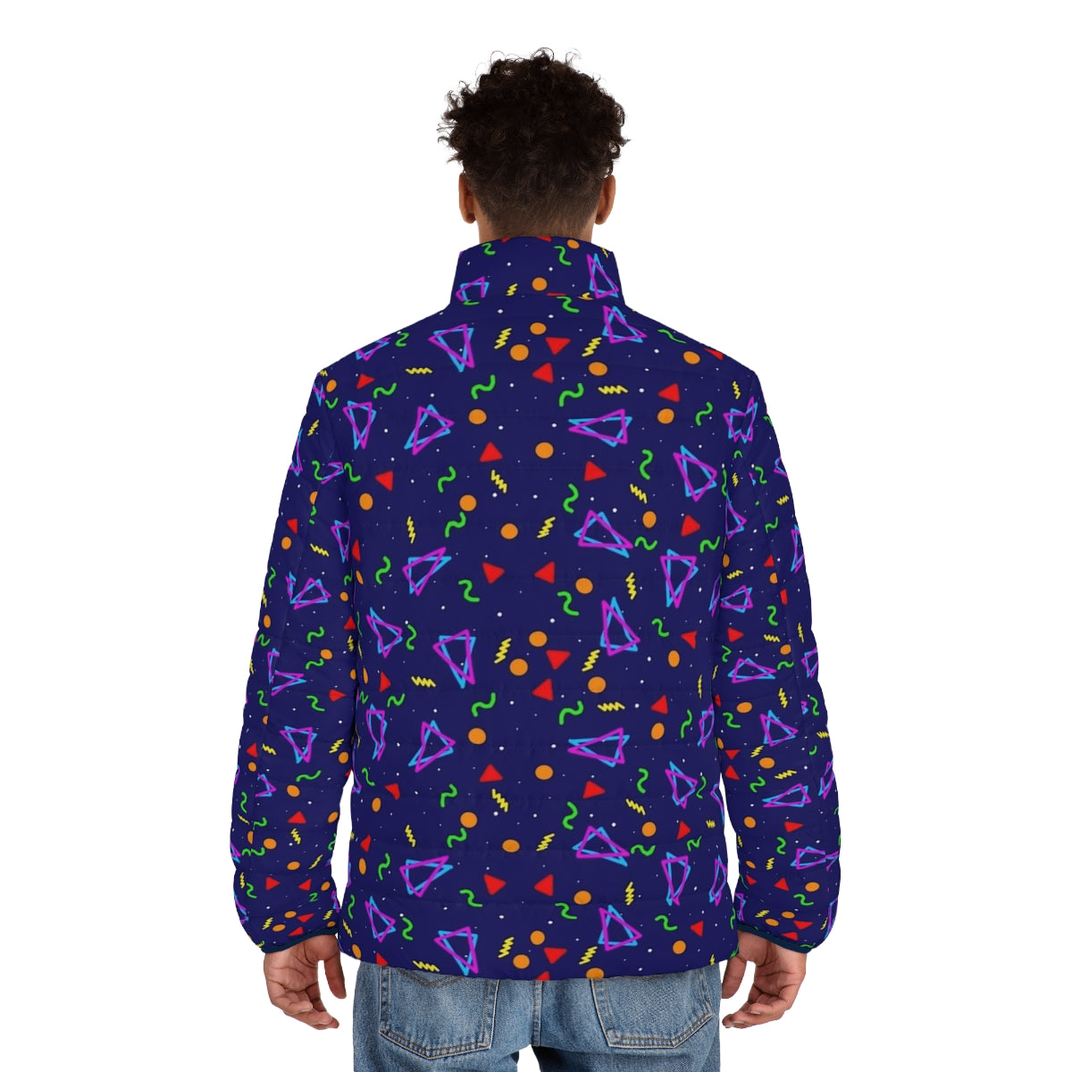 Arcade Carpet Puffer Jacket with Retro 80s Video Game Inspired Design - men back