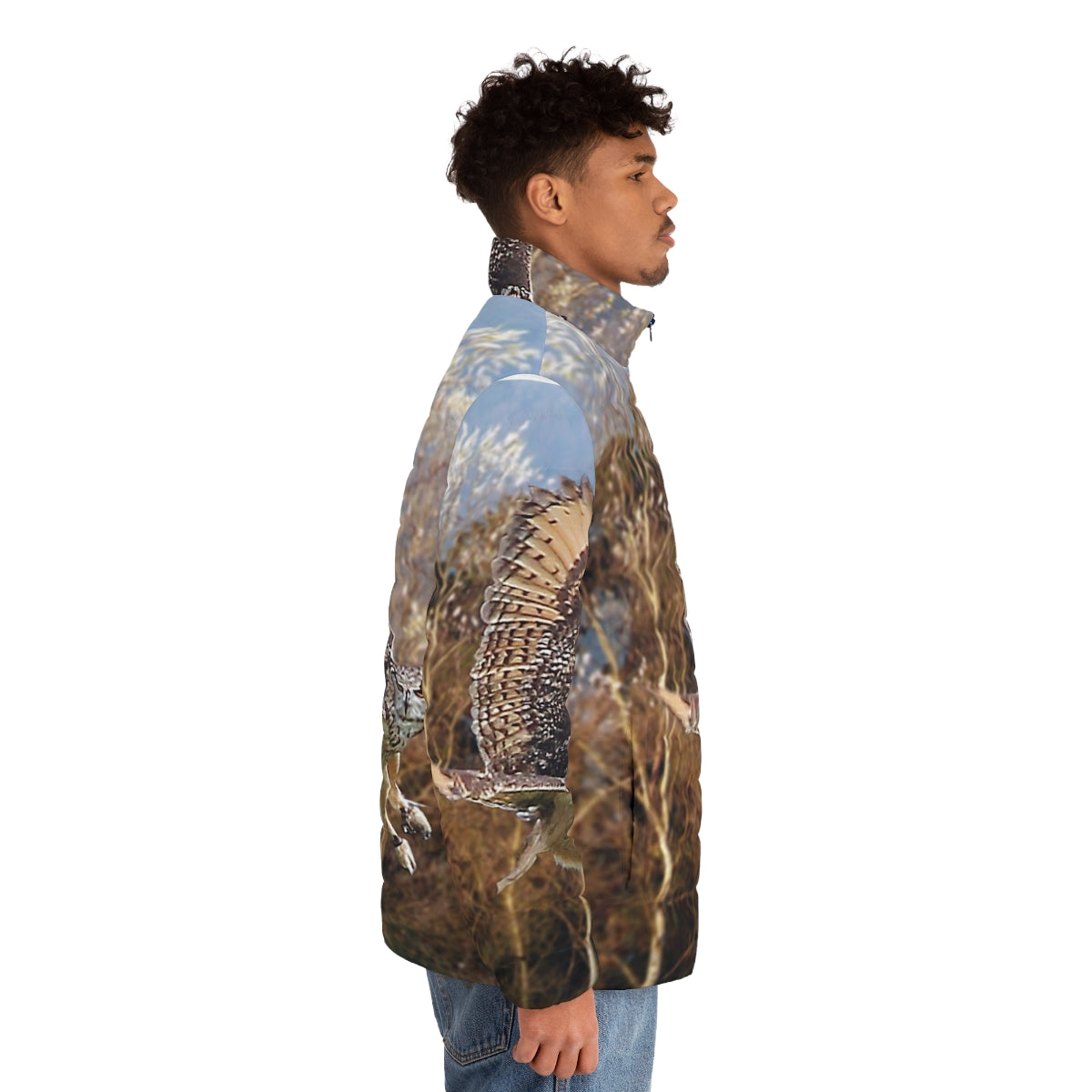 Majestic Eurasian Eagle Owl Soaring on the Wind in Puffer Jacket - men side right