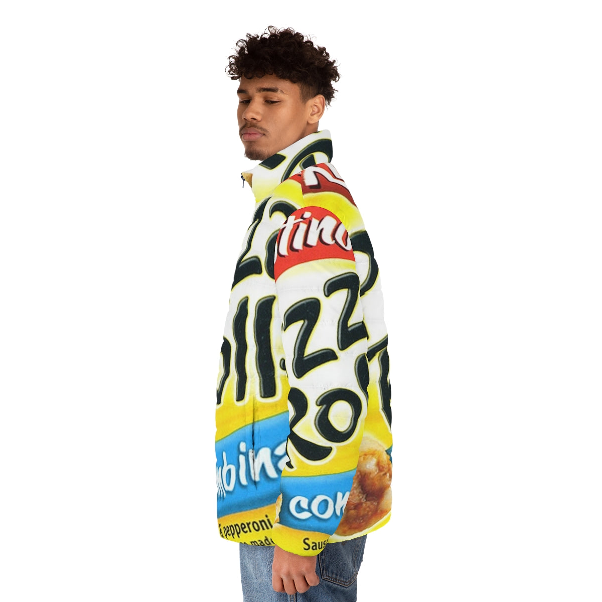 Fashionable pizza rolls themed puffer jacket for stylish teenagers - men side left