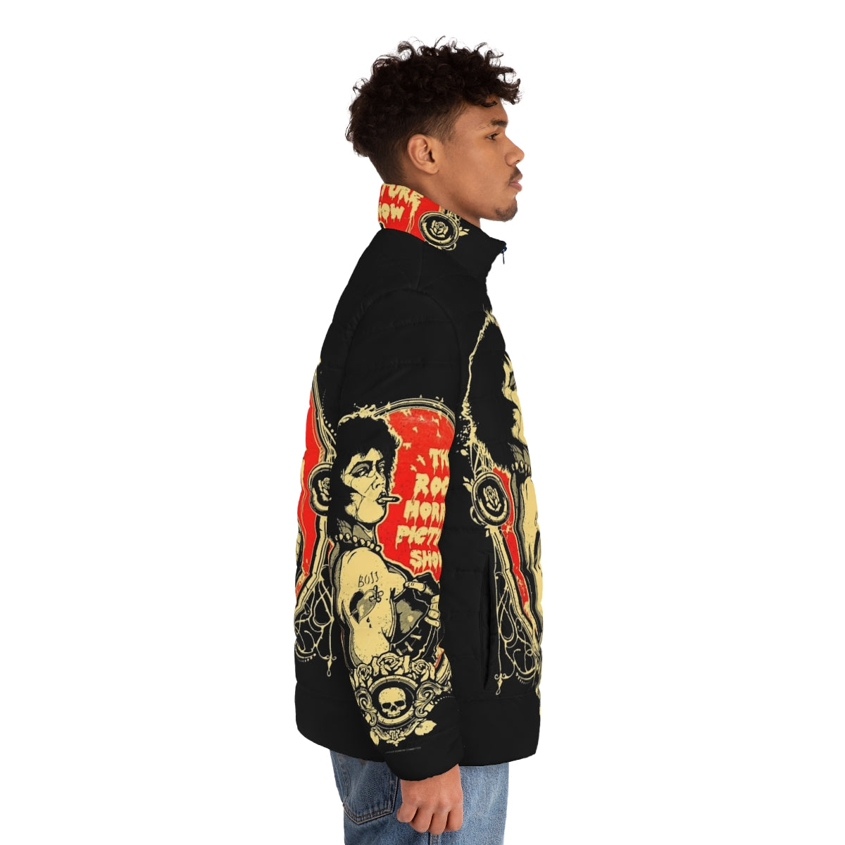 Rocky Horror Picture Show themed puffer jacket with bold graphic design - men side right