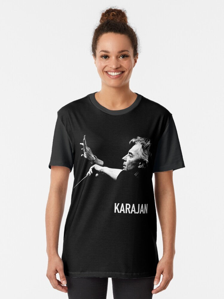 Karajan Graphic Orchestra T-Shirt with Symphony and Conductor Motif - Women