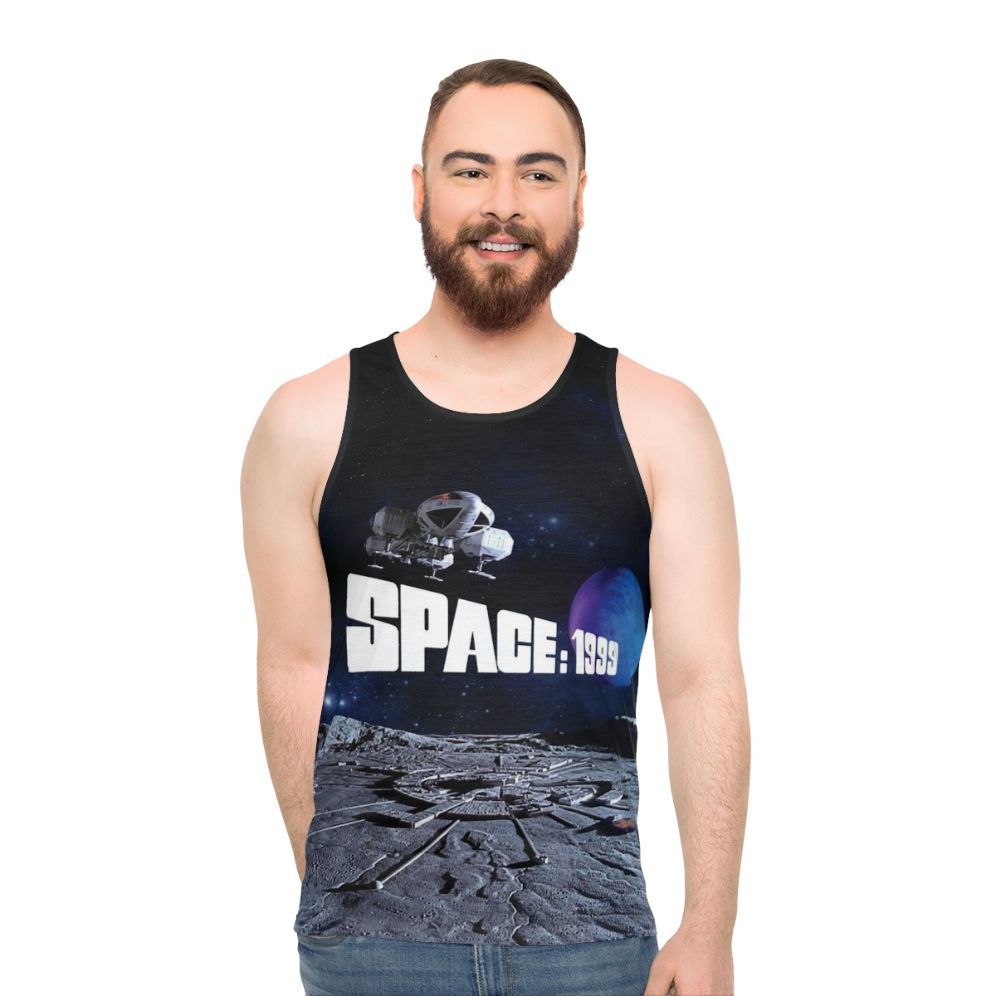 Retro sci-fi unisex tank top with eagle and planet design - men