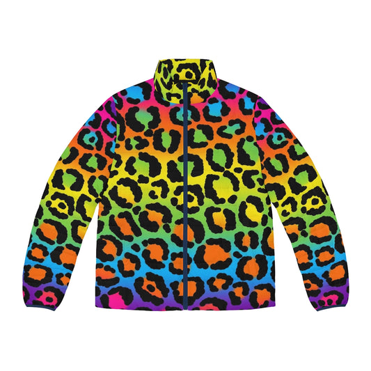 Vibrant 1990s neon leopard print puffer jacket