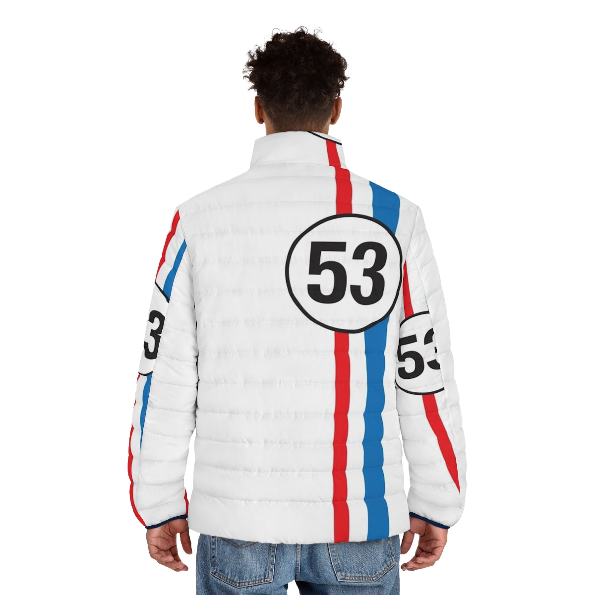 Herbie the Love Bug inspired puffer jacket with retro 53 beetle design - men back