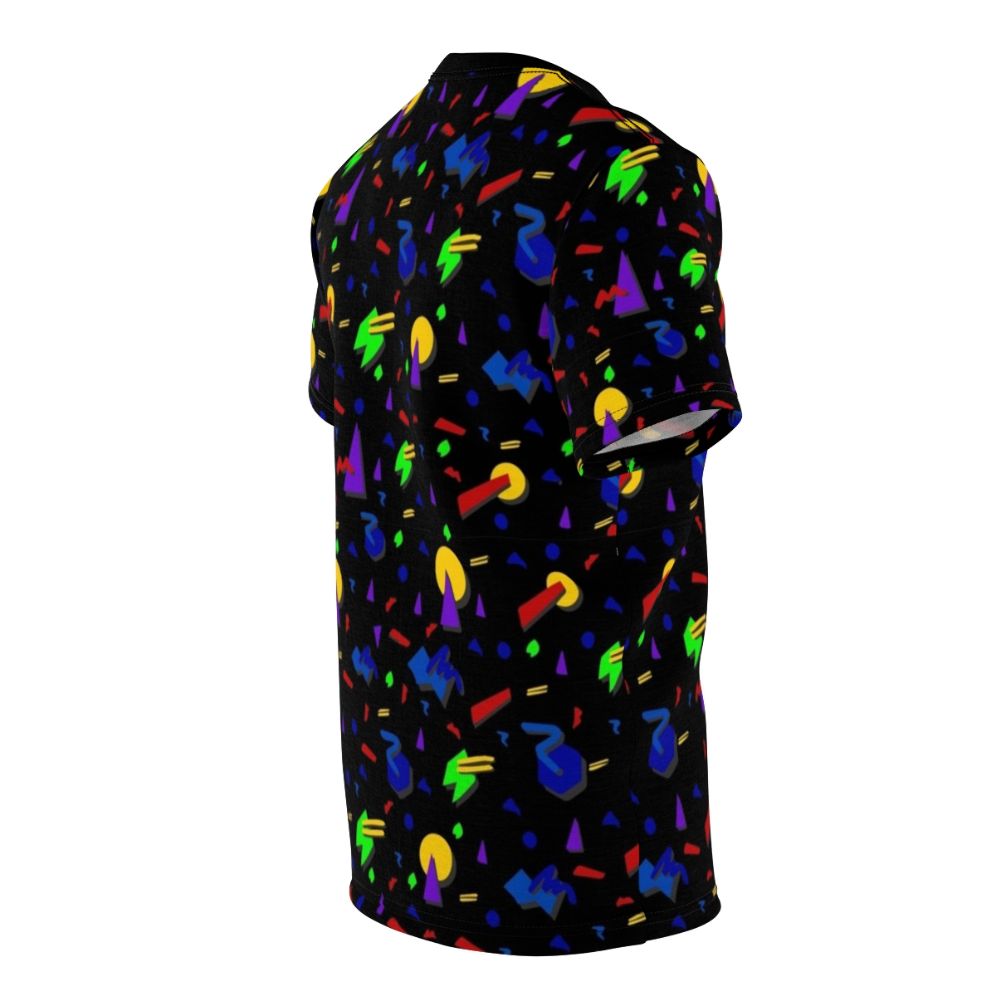 Vibrant 90s inspired graphic t-shirt with a glow in the dark, blacklight reactive confetti pattern design - men right