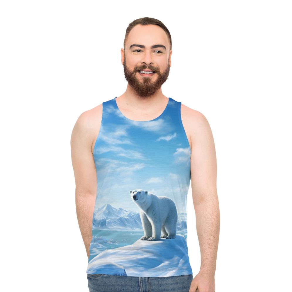 Unisex tank top featuring a breathtaking arctic landscape with a polar bear - men