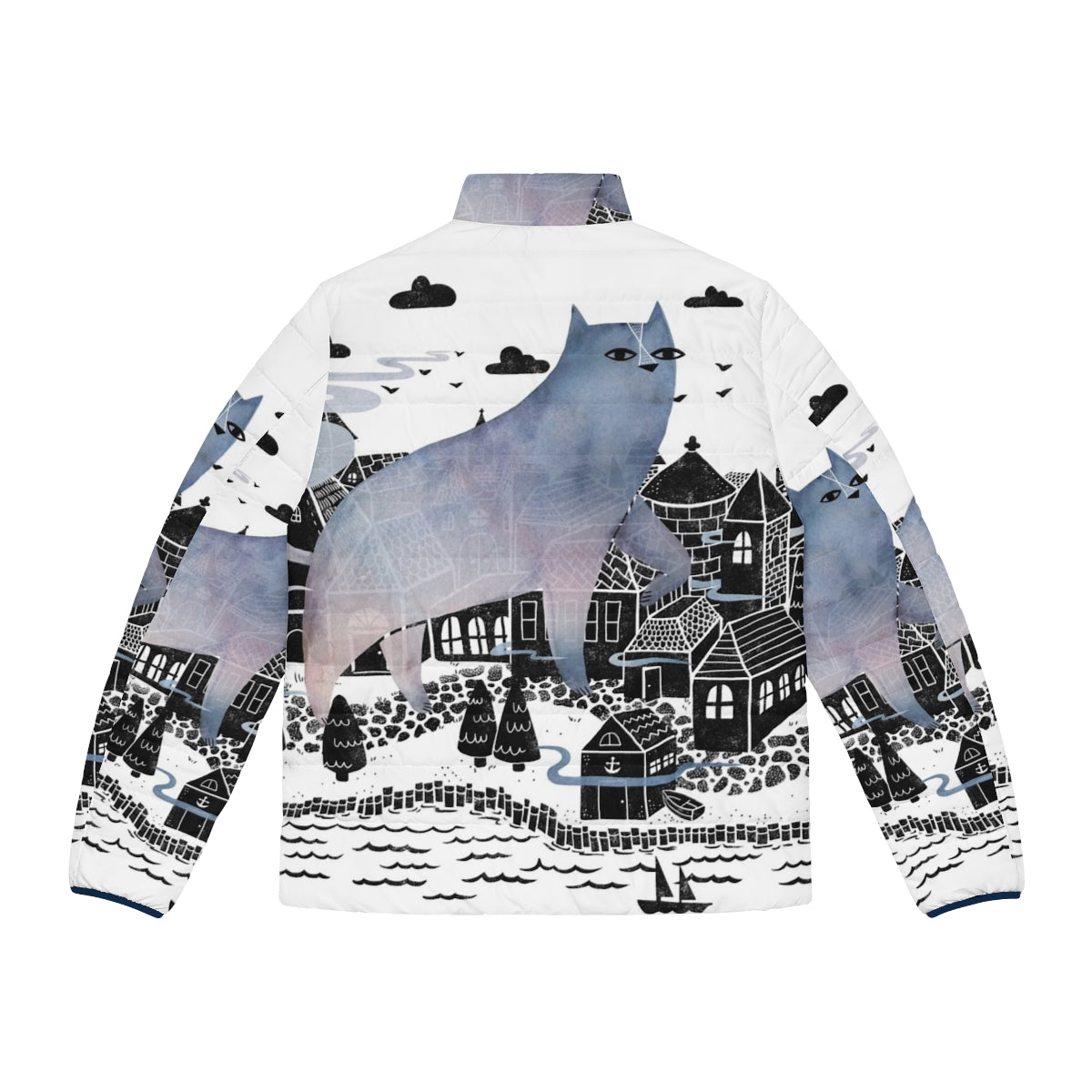 A cozy puffer jacket in a foggy, watercolor-inspired landscape design - Back