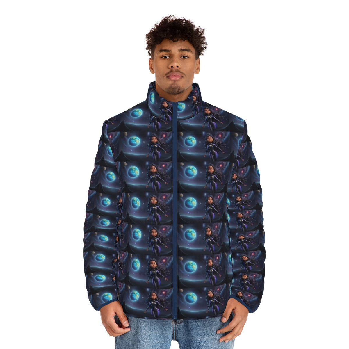 Interstellar puffer jacket featuring a galaxy-inspired design with stars, planets, and a cosmic surfing scene - men front