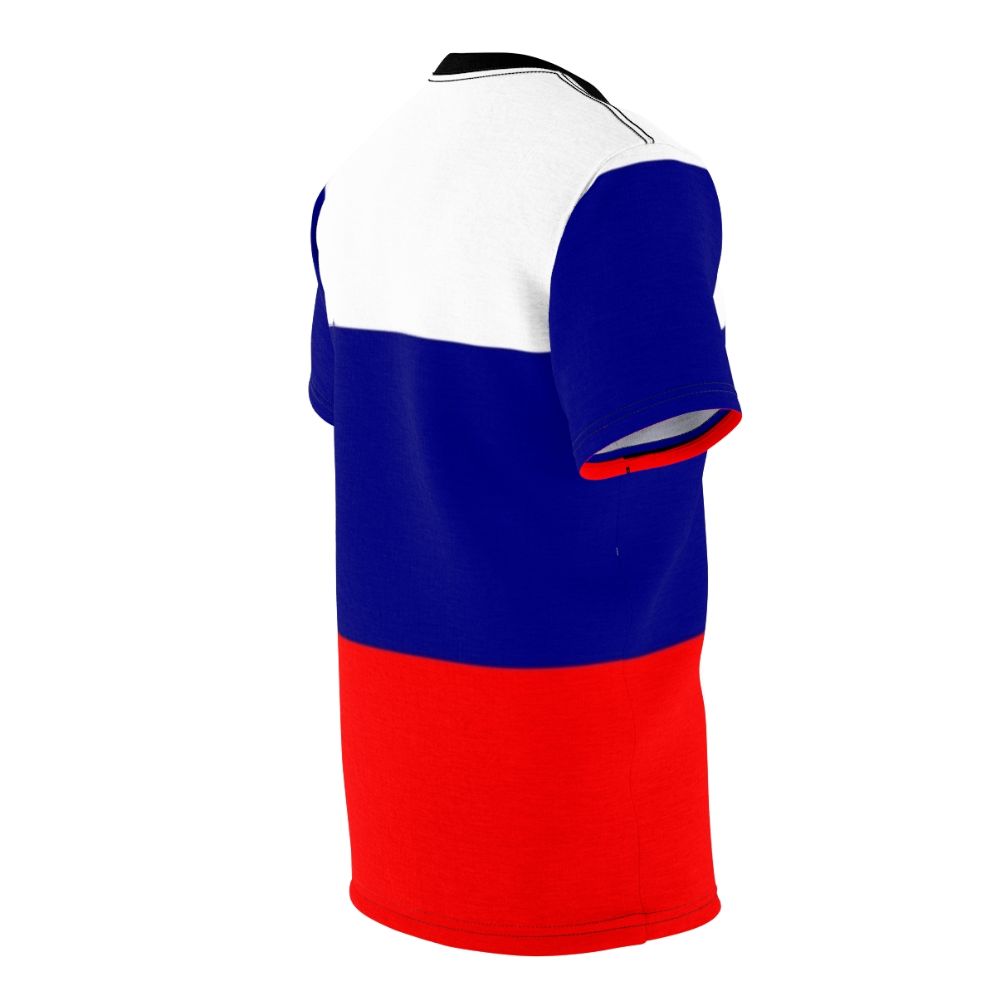 Vibrant Russian tricolor flag printed on a high-quality t-shirt - men right