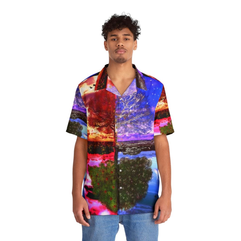 four seasons reflection nature hawaiian shirt with scenic trees - People Front