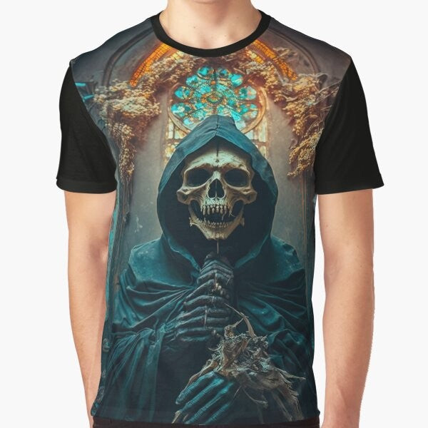 Gothic skeleton skull priest in dark church t-shirt design