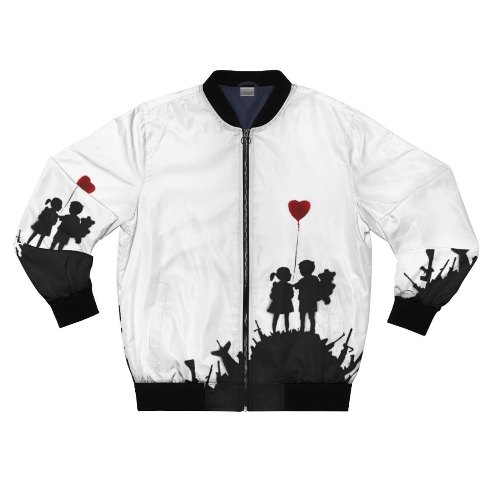 Banksy-style graffiti design with children and heart-shaped balloon against a backdrop of weapons on a bomber jacket