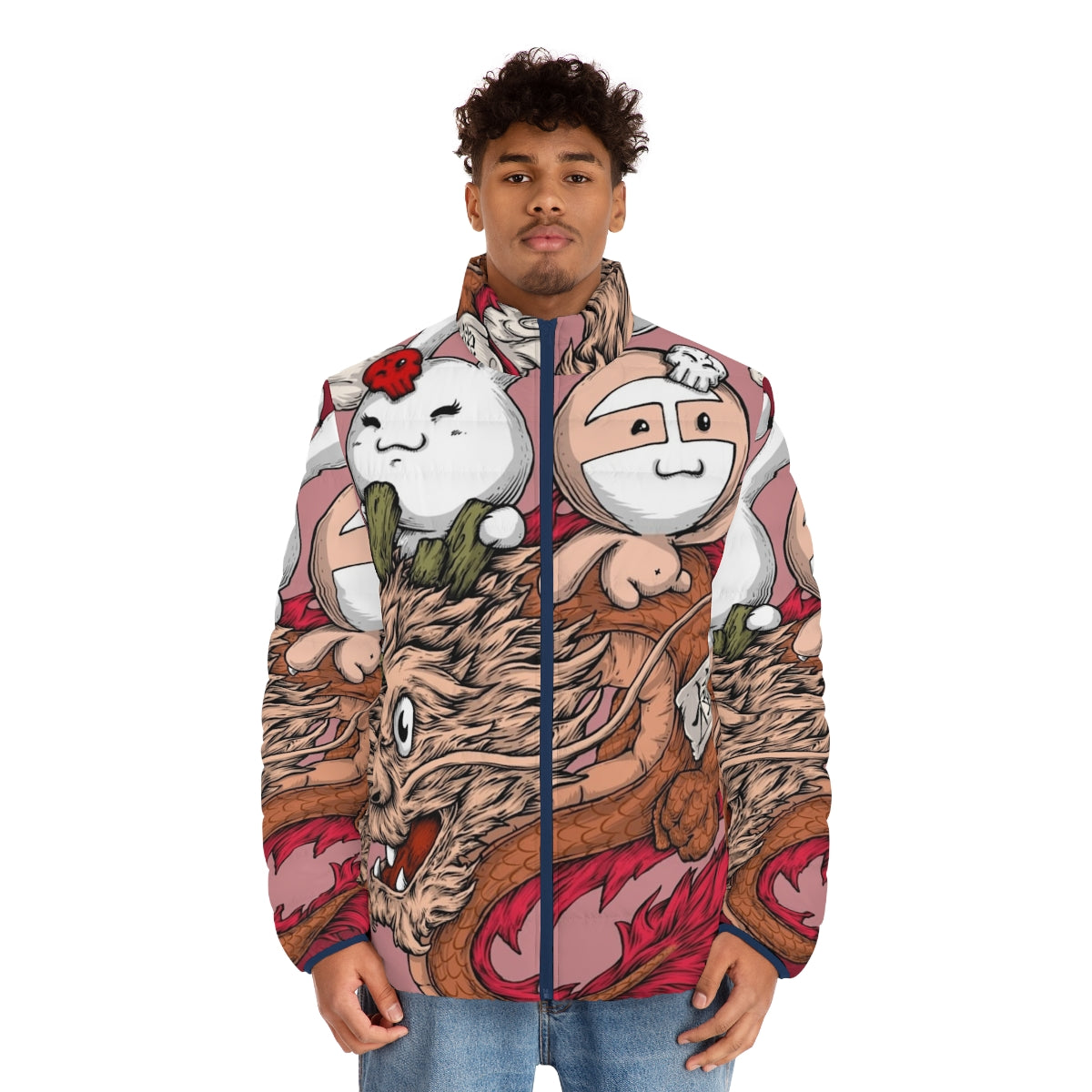 A colorful puffer jacket with a dragon, sloth, and bunny print design - men front