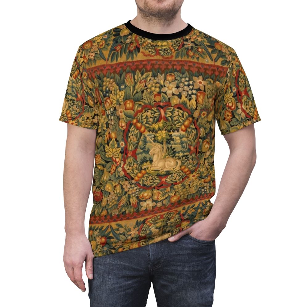 Detailed medieval-style illustration of a unicorn surrounded by a floral tapestry design on a t-shirt - men front