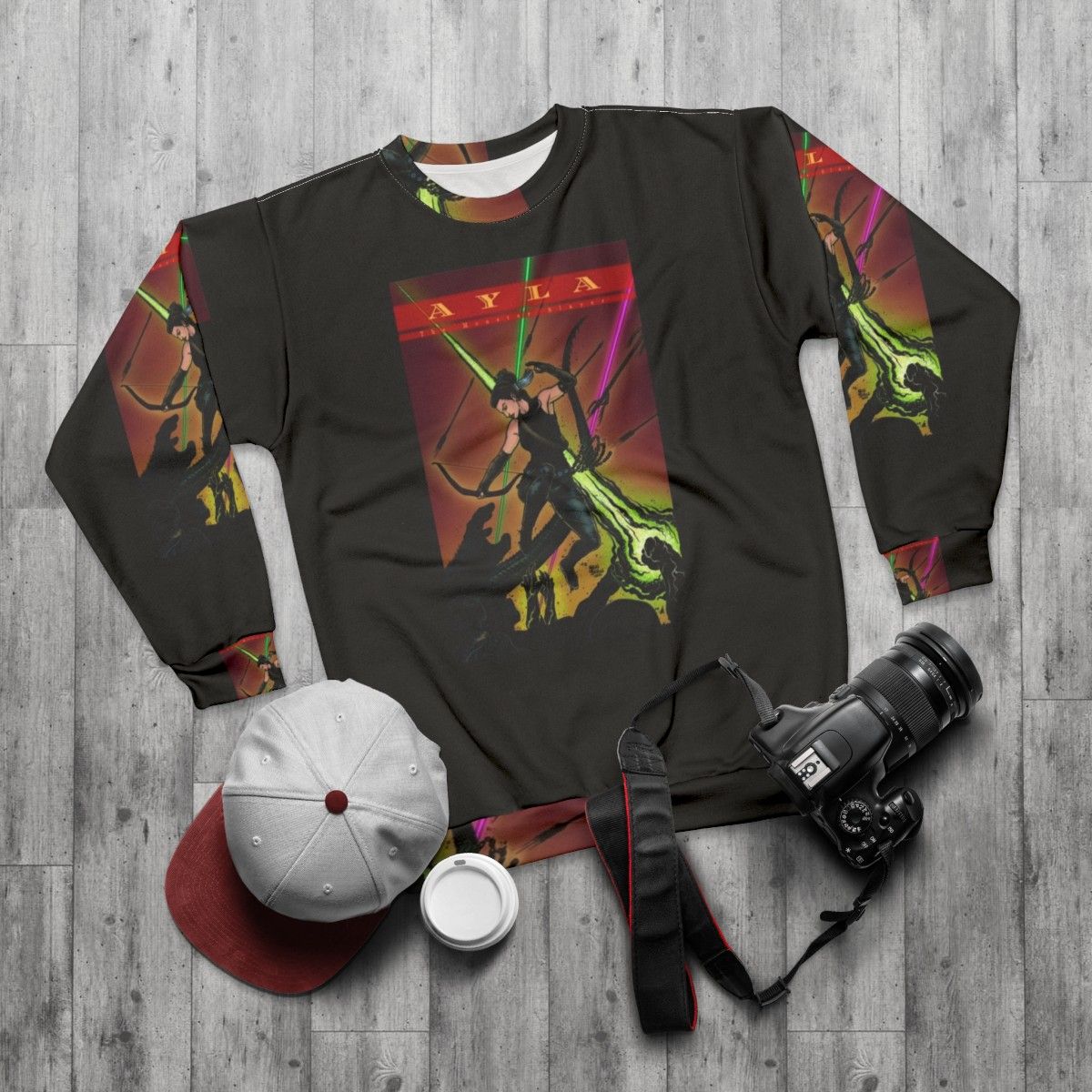 Ayla The Monster Slayer Jumping Into Battle Sweatshirt - flat lay