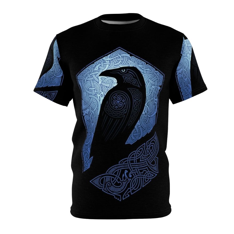 Mystical guardian raven silhouette design on a blue t-shirt