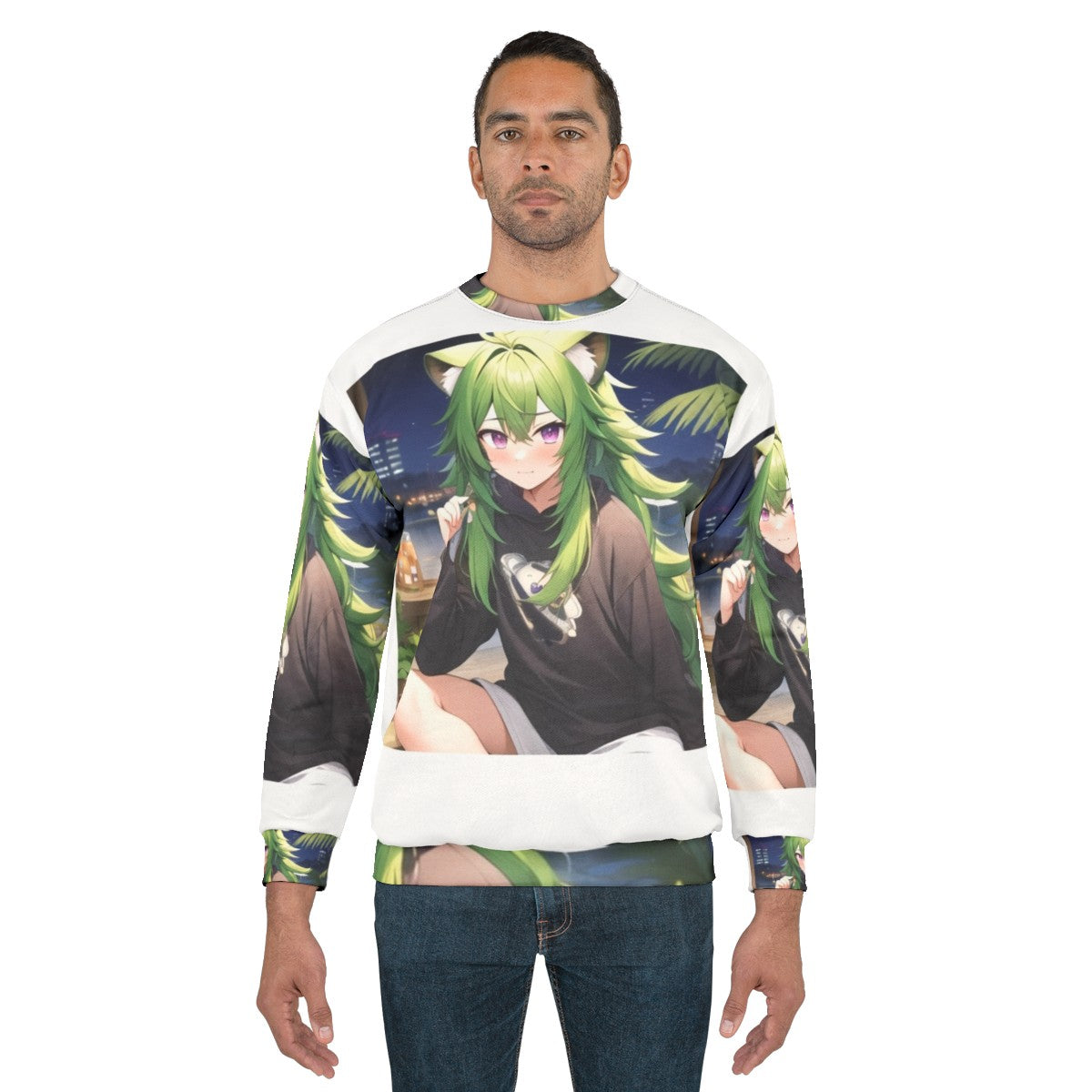 Kawaii anime boy with green hair, purple eyes, and raccoon features wearing a sweatshirt - men