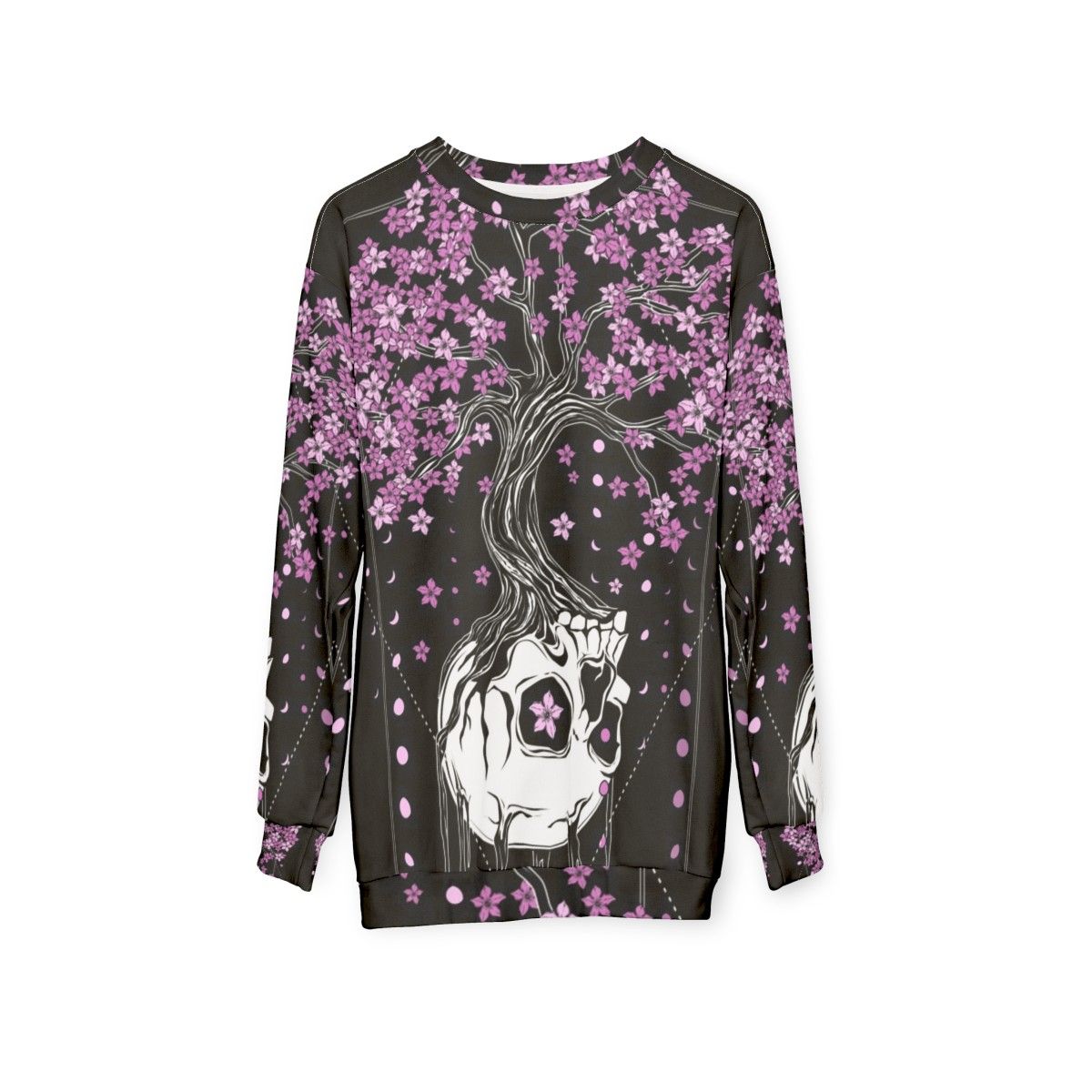 Afterlife Skull Sweatshirt with Cherry Blossom Floral Design - hanging