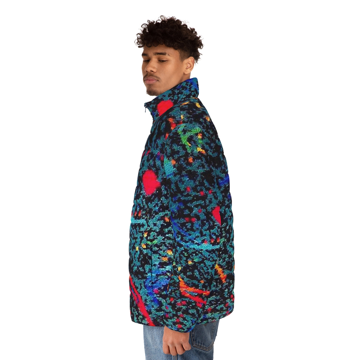 Puffer jacket with a retro bus seat pattern design, perfect for nostalgic millennials - men side left