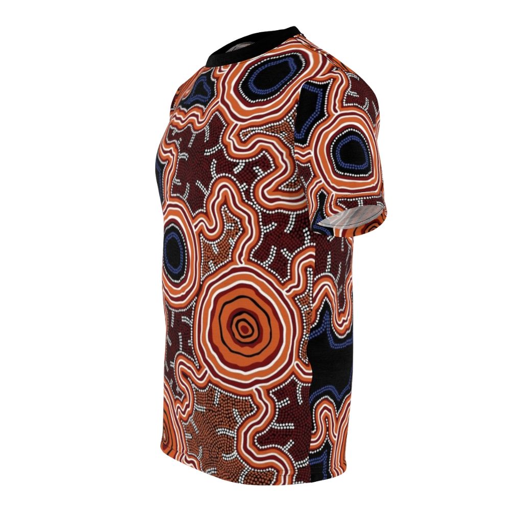 Authentic Aboriginal dot art painting depicting pathways to water on a high-quality t-shirt - men left