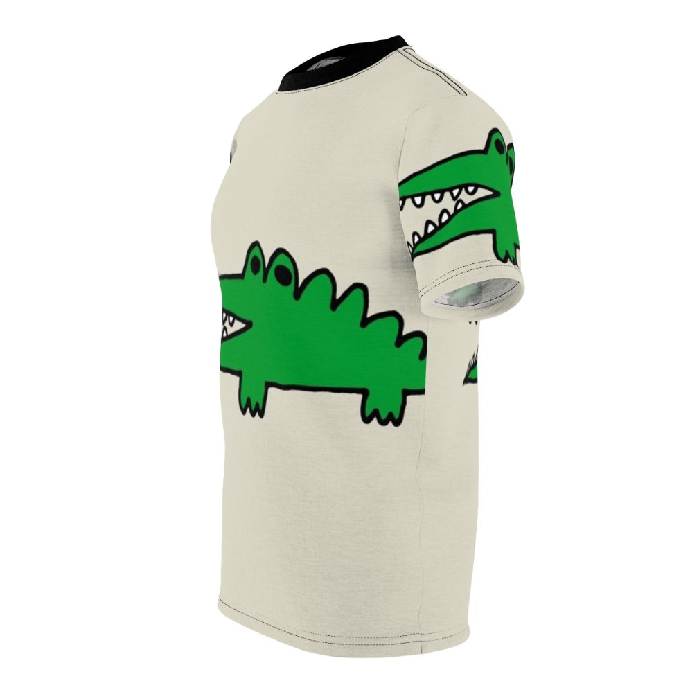 Whimsical illustration of a cartoon alligator facing big challenges on a vintage-style t-shirt - men left