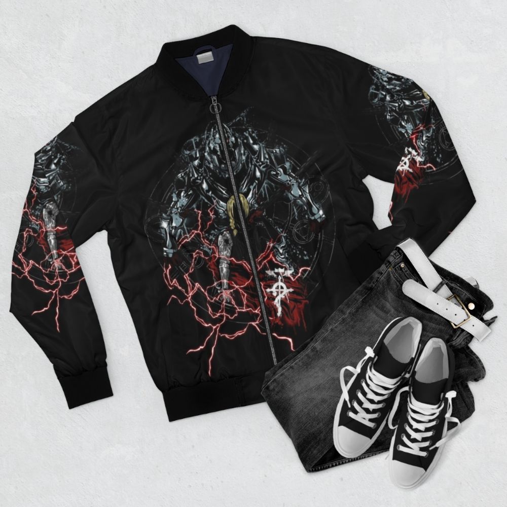 Fullmetal Alchemist inspired bomber jacket with graffiti-style design - Flat lay