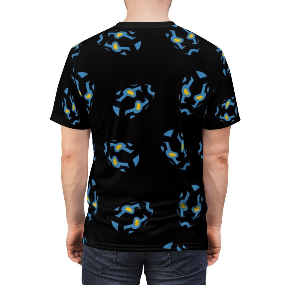 Artistic interpretation of the Blue Beetle superhero mask from DC Comics on a t-shirt - men back