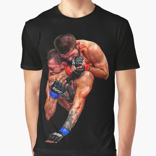 Graphic t-shirt featuring Khabib Nurmagomedov submitting Conor McGregor with a neck crank in their UFC 229 fight.