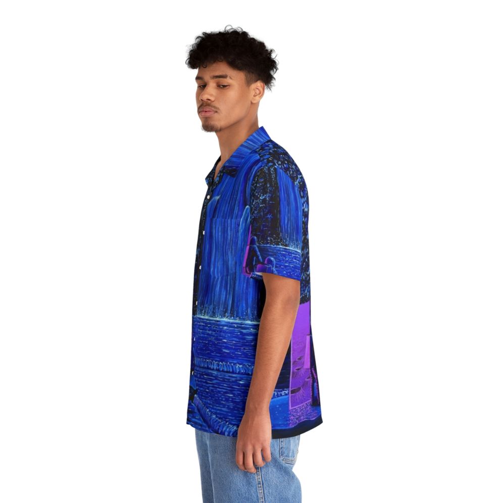 Night Falls Hawaiian Shirt with Waterfall and Astronaut Design - People Left