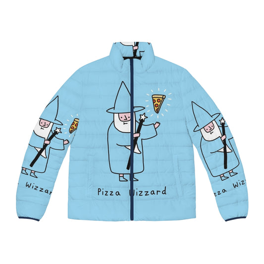 Pizza wizard puffer jacket with cute magical blue and fantasy design