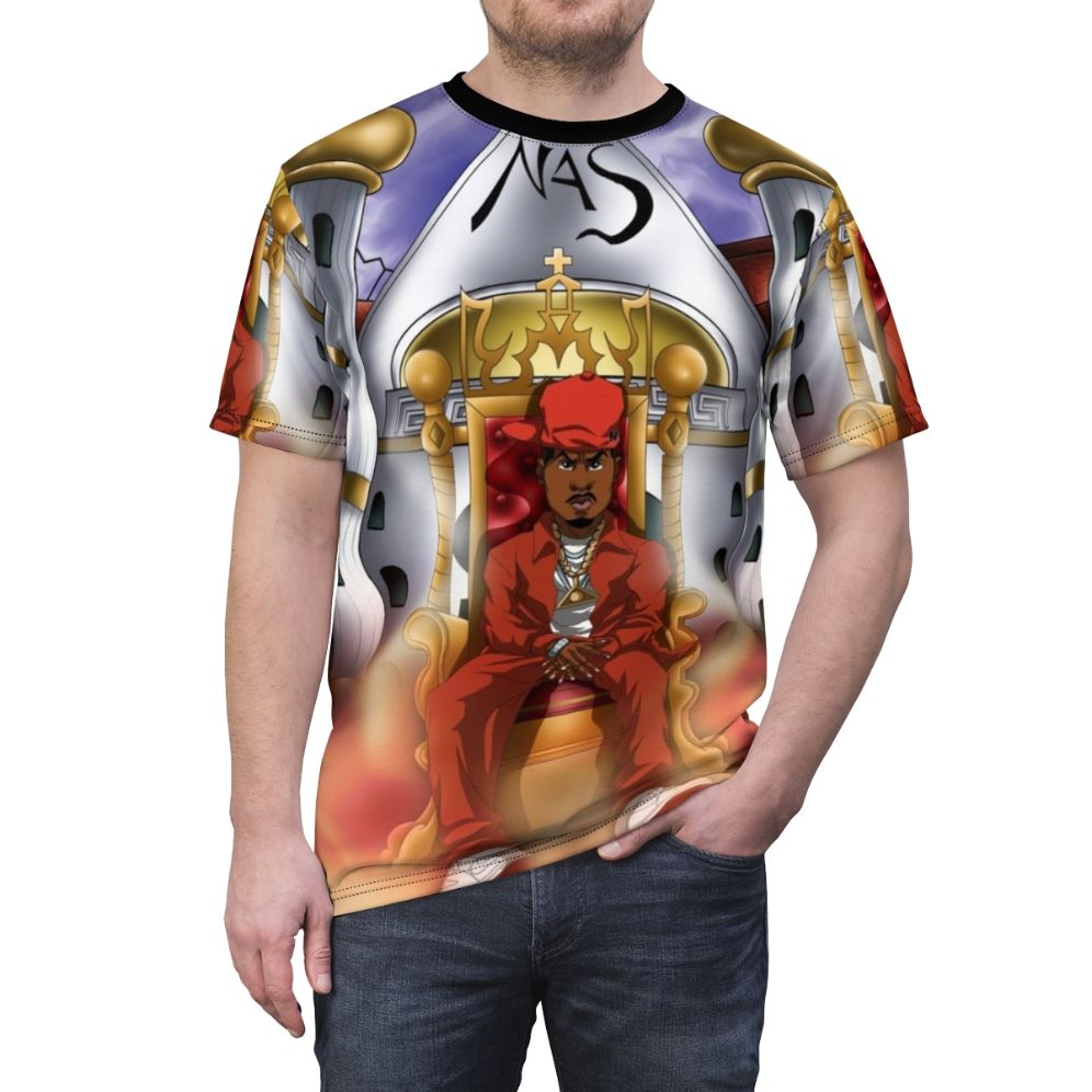 Ether-inspired cartoon t-shirt design featuring abstract, anime-style graphics and music elements - men front