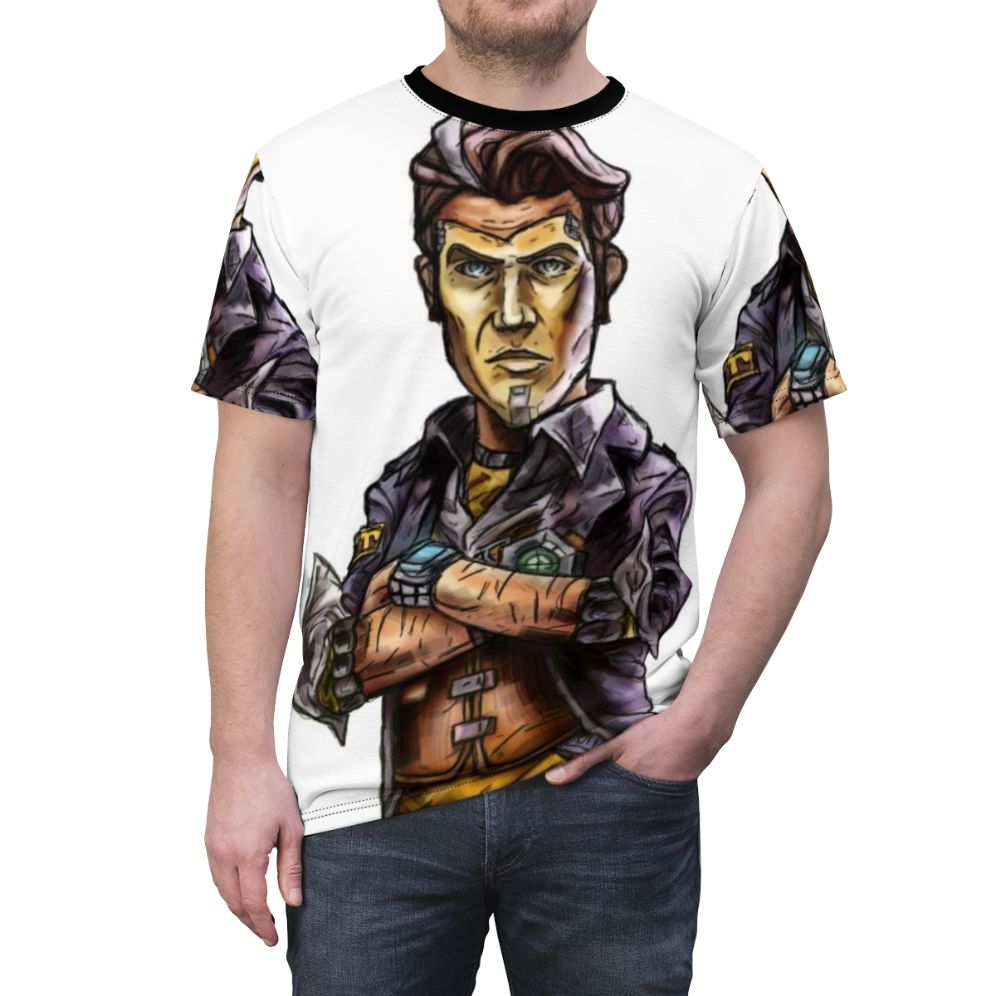 Borderlands inspired all-over-print t-shirt featuring the character Handsome Jack from the Borderlands video game series - men front