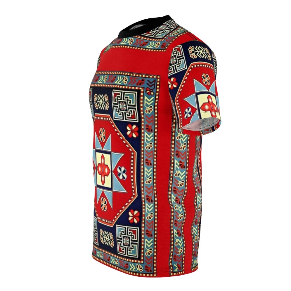 A t-shirt featuring a vibrant design inspired by traditional Armenian folk art - men left