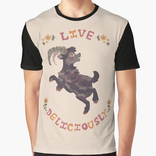 A graphic t-shirt design featuring the phrase "Live Deliciously" with an image of a goat, representing the horror movie character Black Phillip from "The Witch".