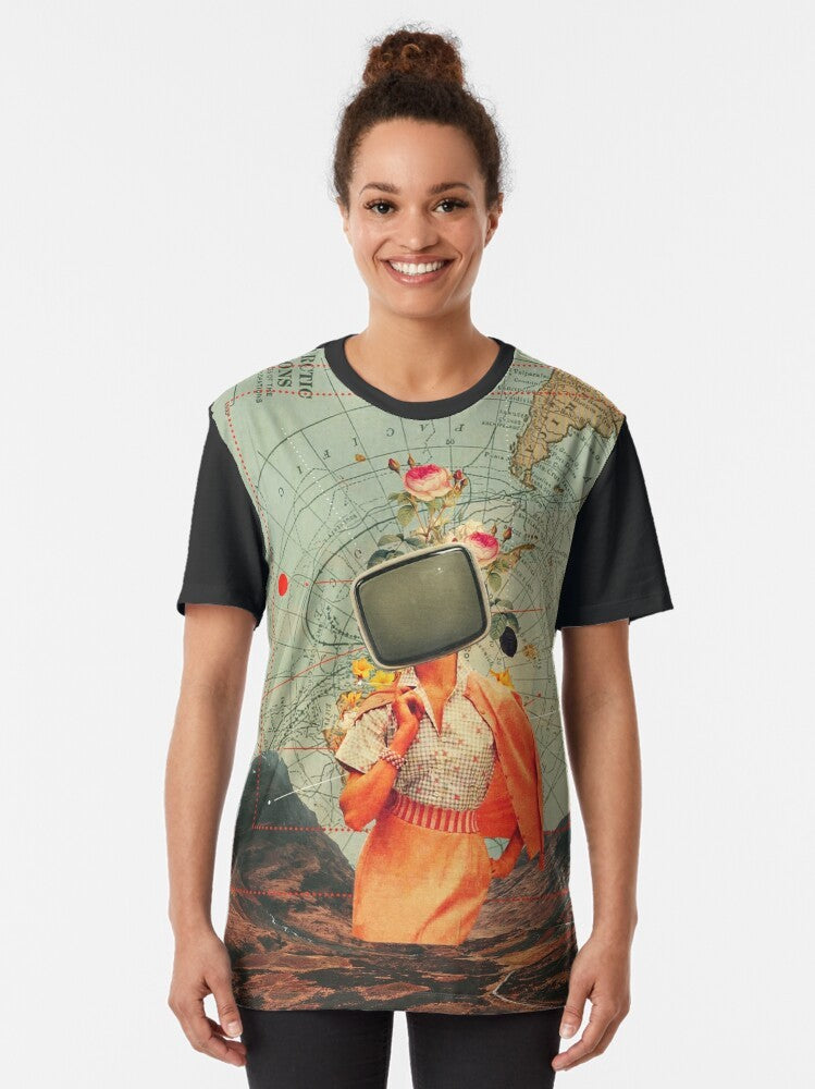 Vintage collage graphic t-shirt featuring a surreal landscape design with mountains, nature, and a retro woman. - Women