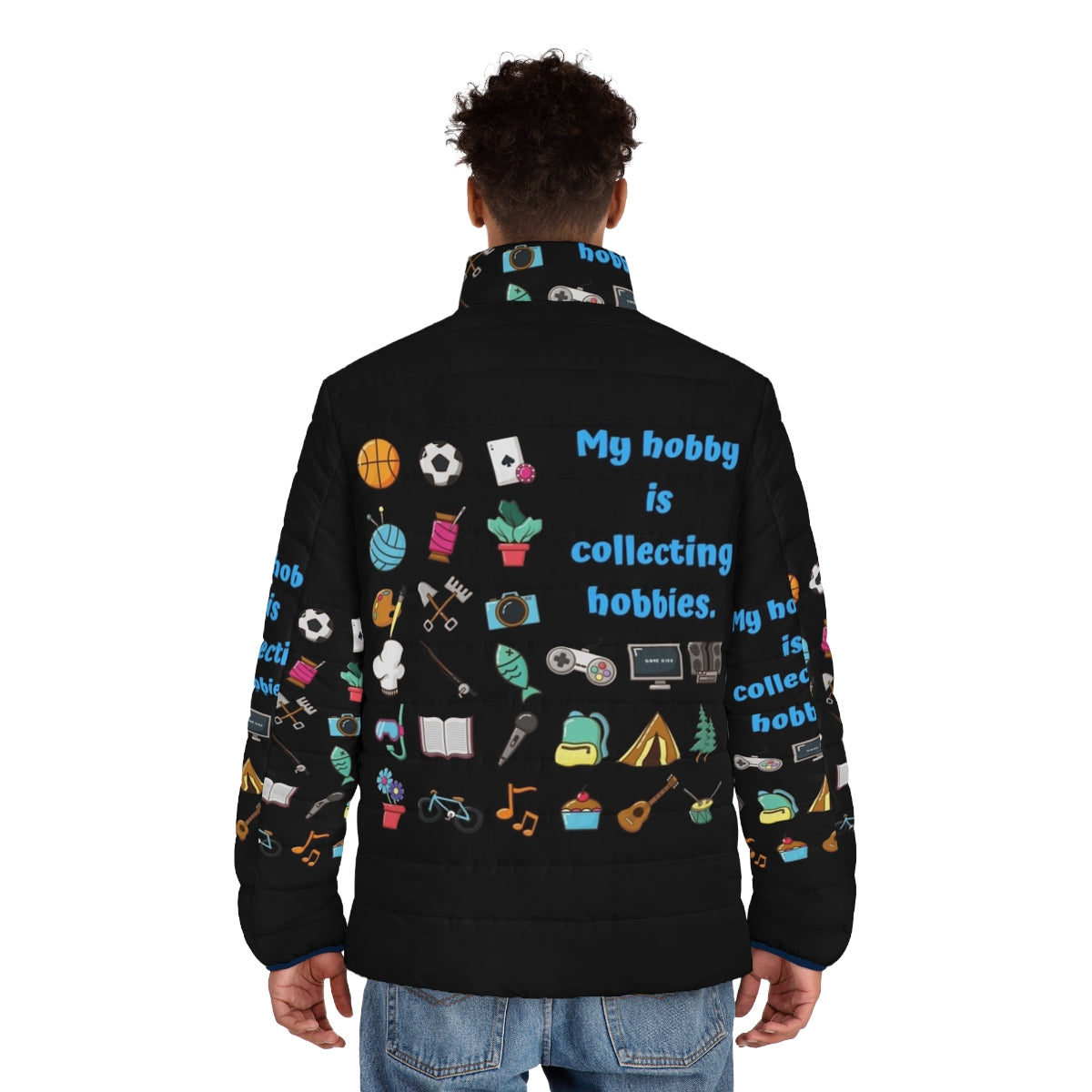 "My Hobby Is Collecting Hobbies" puffer jacket with various hobby icons - men back