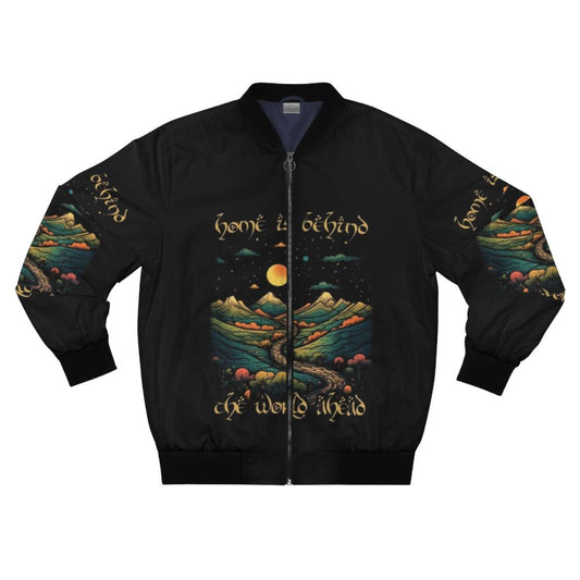 Fantasy Lord of the Rings-inspired bomber jacket with a quote and sunset design