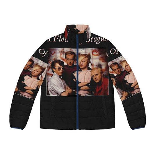 A Flock of Seagulls band logo printed on a stylish puffer jacket