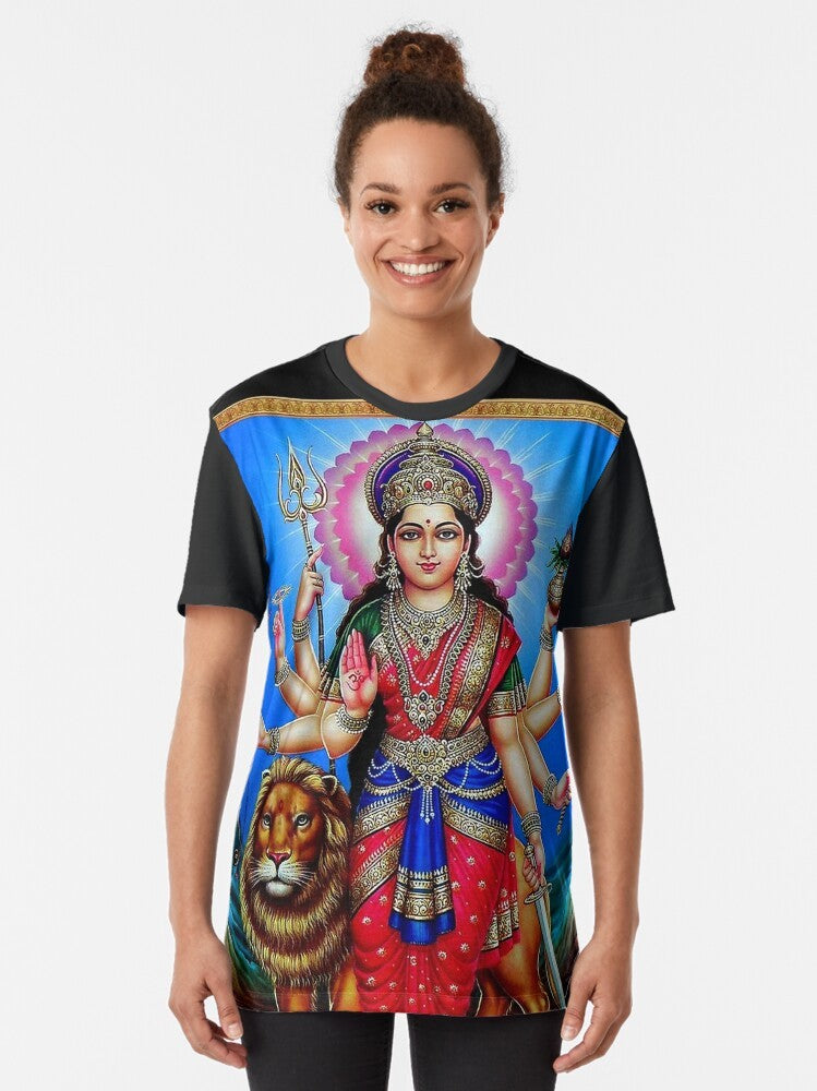 Vintage graphic t-shirt featuring a Hindu god illustration in a retro poster style design. - Women